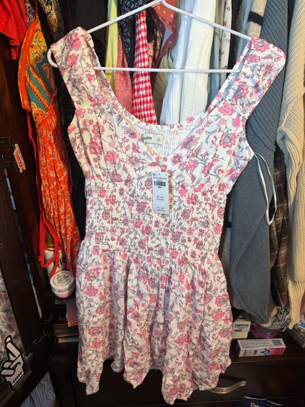 Hollister Pink and White Floral Smocked Sundress